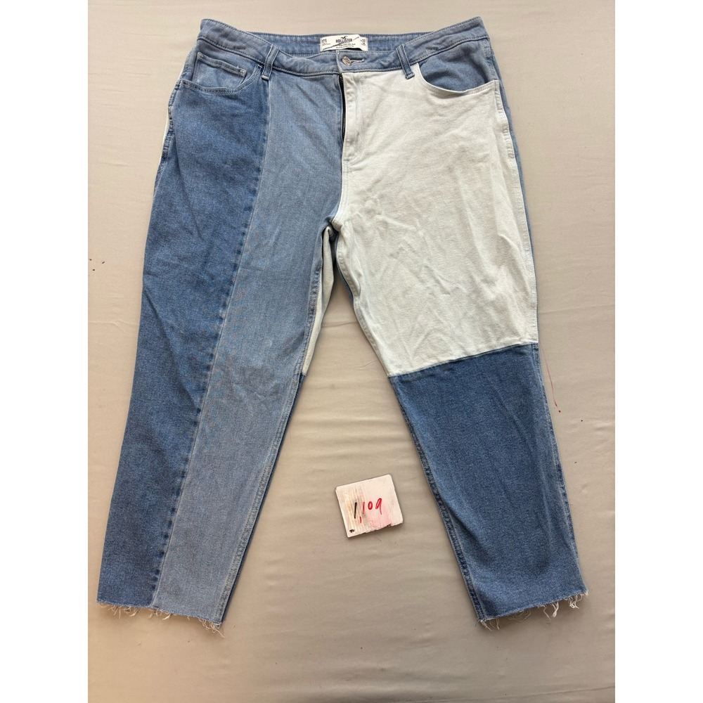 Hollister Curvy High-Rise Mom Jeans Colorblock Patchwork Blue White 17S W33 L25